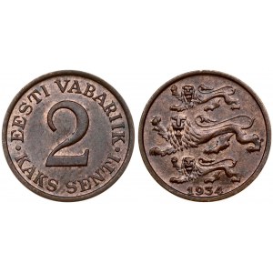 Estonia 2 Senti 1934 Obverse: Three leopards left above date. Reverse: Denomination. Edge Description: Plain. Bronze...