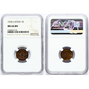 Latvia 1 Santims 1935 Obverse: National arms above ribbon. Reverse: Value and date. Edge Description: Plain. Bronze...