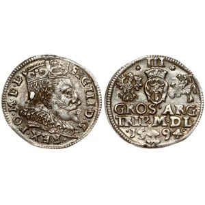 Lithuania 3 Groszy 1594 Vilnius. Sigismund III Vasa (1587-1632) Obverse: Crowned bust right. Reverse: Value...