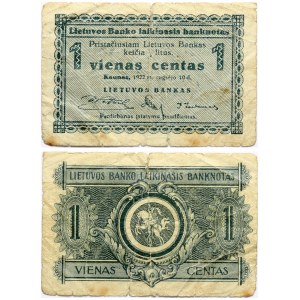 Lithuania 1 Centas 1922 Banknote. Obverse: Denomination. Lettering: 1 Vienas Centas 1. Reverse...