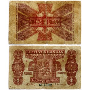 Lithuania 1 Litas 1922 Banknote. Obverse: Denomination. Lettering: 1 Litas. Reverse: S/N 681592. P...