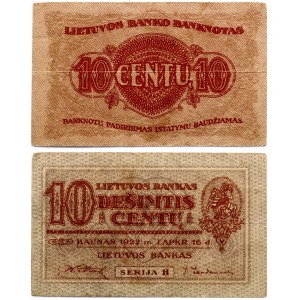 Lithuania 10 Centų 1922 Banknote. Obverse: Denomination. Lettering: 10 Dešimtis Centų 10. Reverse: Serija H. P...
