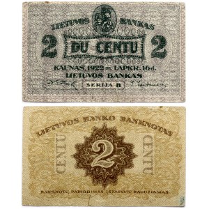 Lithuania 2 Centu 1922 Banknote. Obverse: Denomination. Lettering: 2 Du Centu 2. Reverse: Serija B. P...