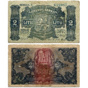 Lithuania 2 Litu 1922 Banknote. Obverse: Denomination. Lettering: 2 Litu. Reverse: S/N E 618987. P...