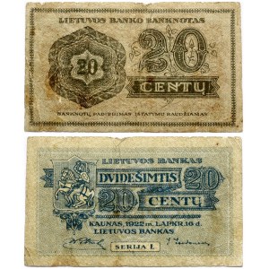 Lithuania 20 Centų 1922 Banknote. Obverse: Denomination. Lettering: 20 Dvidešimtis Centų 20. Reverse: Serija L. P...