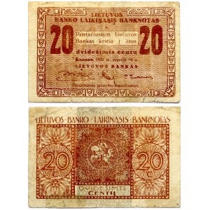 Lithuania 20 Centų 1922 Banknote. Obverse: Denomination. Lettering: 20 Dvidešimts Centų 20. Reverse...