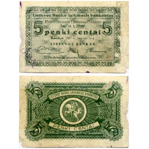 Lithuania 5 Centai 1922 Banknote. Obverse: Denomination. Lettering: 5 Penki Centai 5. Reverse...