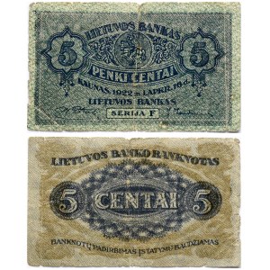 Lithuania 5 Centai 1922 Banknote. Obverse: Denomination. Lettering: 5 Penki Centai 5. Reverse: Serija F. P...