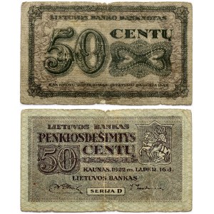 Lithuania 50 Centų 1922 Banknote. Obverse: Denomination. Lettering: 50 Penkiasdešimtys Centų. Reverse: Serija D. P...