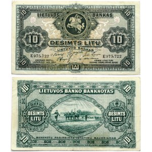 Lithuania 10 Litų 1927 Banknote. Obverse: Denomination. Lettering: 10 Litų. Reverse: S/N E 975.722. P...