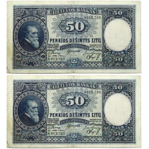 Lithuania 50 Litų 1928 Banknote. Obverse: Denomination. Lettering: 50 Litų.  Reverse: S/N A 013.795. P...