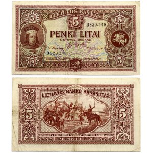 Lithuania 5 Litai 1929 Banknote. 500th Anniversary Vytautas the Great. Obverse: Denomination. Lettering: 5 Litai...