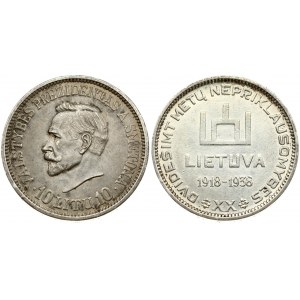 Lithuania 10 Litų (1918-1938) 20th Anniversary of Republic. Obverse: Columns of Gediminas above LIETUVA and dates 1918...