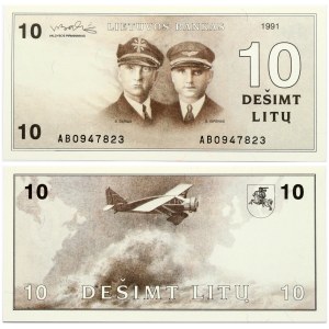 Lithuania 10 Litų 1991 Banknote. Obverse: Aviators Steponas Darius and Stasys Girenas at right. Reverse: Shield with ...