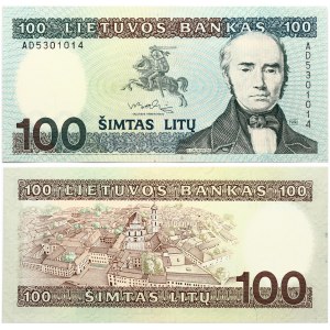 Lithuania 100 Litų 1991 Banknote. Obverse: Portrait of S. Daukatans. Rverse: Aerial view.. S/N AD5301014. P...