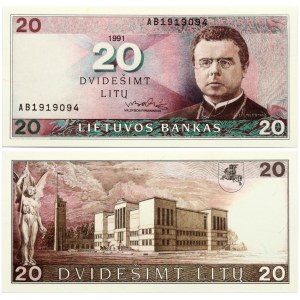 Lithuania 20 Litų 1991 Banknote. Obverse Lettering: LIETUVOS BANKAS Dvidešimt litų Maironis. Reverse Lettering...