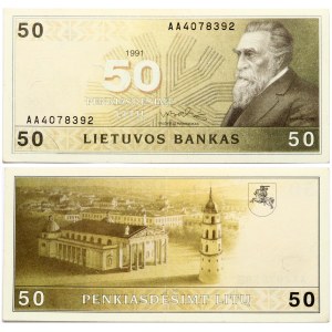 Lithuania 50 Litų 1991 Banknote. Obverse Lettering: LIETUVOS BANKAS Penkiasdešimt litų J. Basanavičius...
