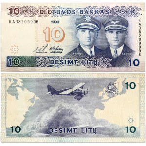 Lithuania 10 Litų 1993 Banknote. Obverse: Aviators Steponas Darius and Stasys Girenas at right. Lettering...