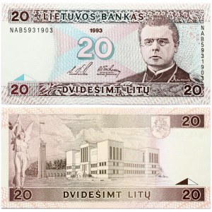 Lithuania 20 Litų 1993 Banknote. Obverse Lettering: LIETUVOS BANKAS dvidešimt litų Maironis. Reverse Lettering...