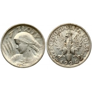 Poland 1 Zloty 1924 (Paris). Obverse: Crowned eagle with wings open. Reverse: Bust left. Edge Description: Reeded...