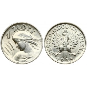 Poland 1 Zloty 1925 (London) Obverse: Crowned eagle with wings open. Reverse: Bust left. Edge Description: Reeded...