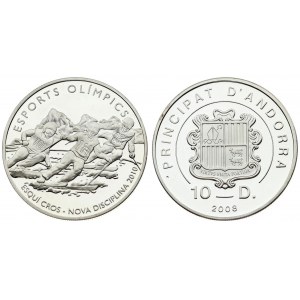 Andorra 10 Diners 2008. Obverse: National arms. Reverse: Cross-country Skiing. Edge Description: Reeded. Silver...