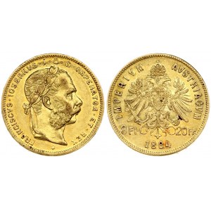 Austria 8 Florins-20 Francs 1884 Franz Joseph I(1848-1916). Obverse: Laureate head right; heavy whiskers. Reverse...