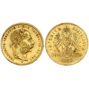 Austria 8 Florins-20 Francs 1888 Franz Joseph I(1848-1916) Obverse: Laureate head right; heavy whiskers. Reverse...