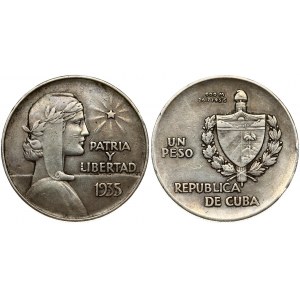 Cuba 1 Peso 1935 Obverse: National arms within wreath at right; denomination at left. Reverse: Laureate bust right...