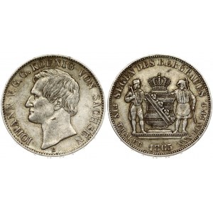 Germany SAXONY 1 Thaler 1865 B Johann(1854-1873 ). Obverse: Head left. Reverse: Crowned arched arms with supporters...