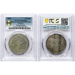 Germany Danzig 5 Gulden 1923 Obverse: Marienkirche within circle. Reverse: Shielded arms with supporters...