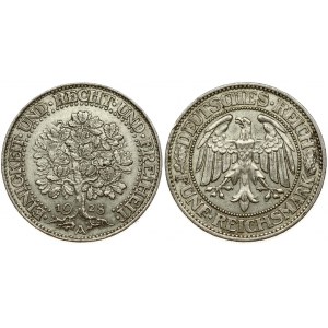 Germany Weimar Republic 5 Reichsmark 1928A Obverse: Oak tree divides date. Reverse: Eagle within circle...