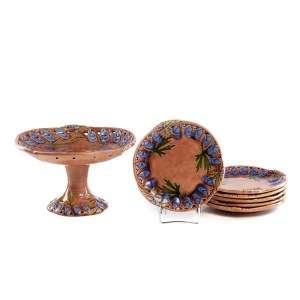 Majolica set: legged platter and 6 plates - late 19th and early 20th century.
