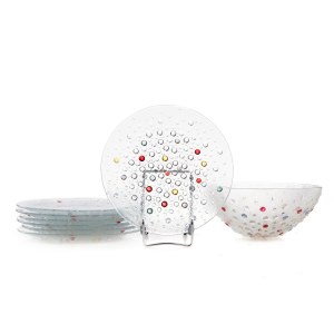 Set of glassware with decoration Asteroids - bowl and 6 plates - designed by Jan Sylwester DROST (b. 1934)