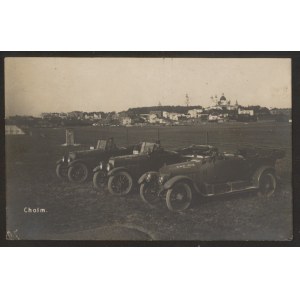 Chełm (Cholm). Widok miasta i trzy auta. 1916 r.