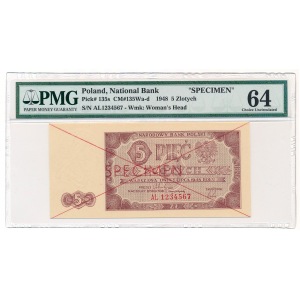 5 złotych 1948 Specimen AL PMG 64 