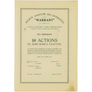 S.A Składów Towarowych Warrant Em.2 10 x 10.000 marek 1923