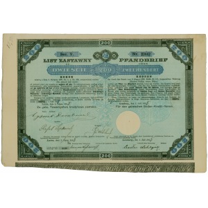 List Zastawny Galicyjskie Towarzystwo Kredytowo Ziemskie 200 koron 1895 rare