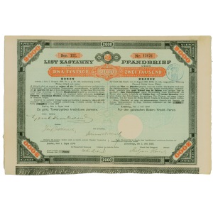 List Zastawny Galicyjskie Towarzystwo Kredytowo Ziemskie 2000 koron 1893 - rzadki