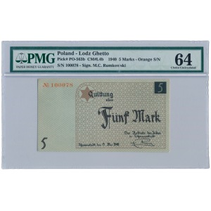 5 mark 1940 Litzmannstadt orange S/N thick paper PMG 64 