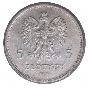 5 złotych 1930 GŁĘBOKI sztandar PCGS AU55