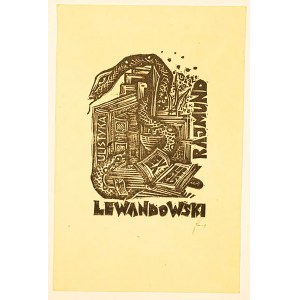RACZAK Klemens - [linoryt] Exlibris Rajmunda Lewandowskiego , lekarza, grafika, kolekcjonera exlibrisów, sygnowany, 8,5 x 13cm