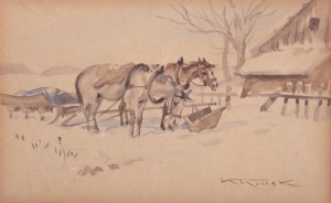 Karol Kossak (1896 Lwów-1975 Ciechocinek), Konie przy płocie