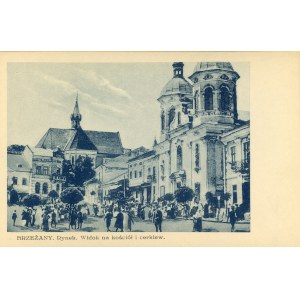 Brzeżany - Rynek. Widok na kościół i cerkiew, ok. 1910