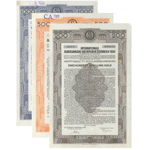 Zestaw (3 sztuki) - Międzynarodowa pożyczka federalna Republiki Austrii, 7 % na 1000,500,200 szylingów w złocie - 1930