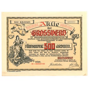 Akcja na 500 Koron Stowarzyszenia Kupców i Rzemieślników GROSSVERÖ, Wiedeń 1922 - atrakcyjna szata graficzna