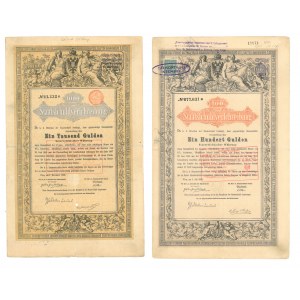 Zestaw (2 sztuki) Obligacji 5 % na 100 i 1000 złotych/guldenów, C. K. Austrii - Wiedeń 1868 - przepiękne motywy dekoracyjne