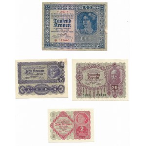 Austro-Węgry, zestaw (4 sztuk) - 2,20,20,1000 Koron 1922