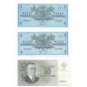 Finlandia, zestaw (3 sztuki) - 2x5, 10 Markkaa - 1963