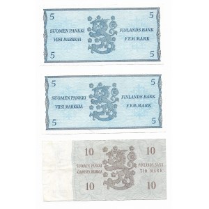 Finlandia, zestaw (3 sztuki) - 2x5, 10 Markkaa - 1963